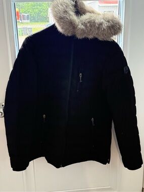 Moose Knuckles Men's Black Puffer Jacket with Faux Fur Hood